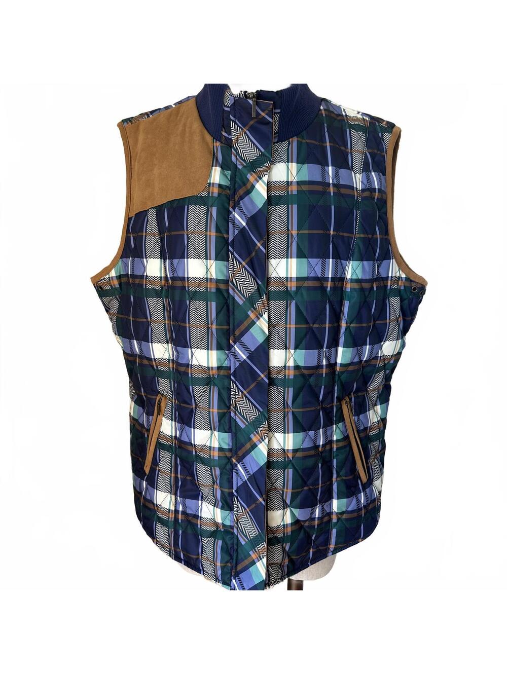 Bob Timberlake Quilted Plaid Vest XXL Suede Shoulder Trim Cabincore Gorpcore